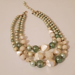 Necklace Signed Japan Frosty Green Shimmer triple strand beaded